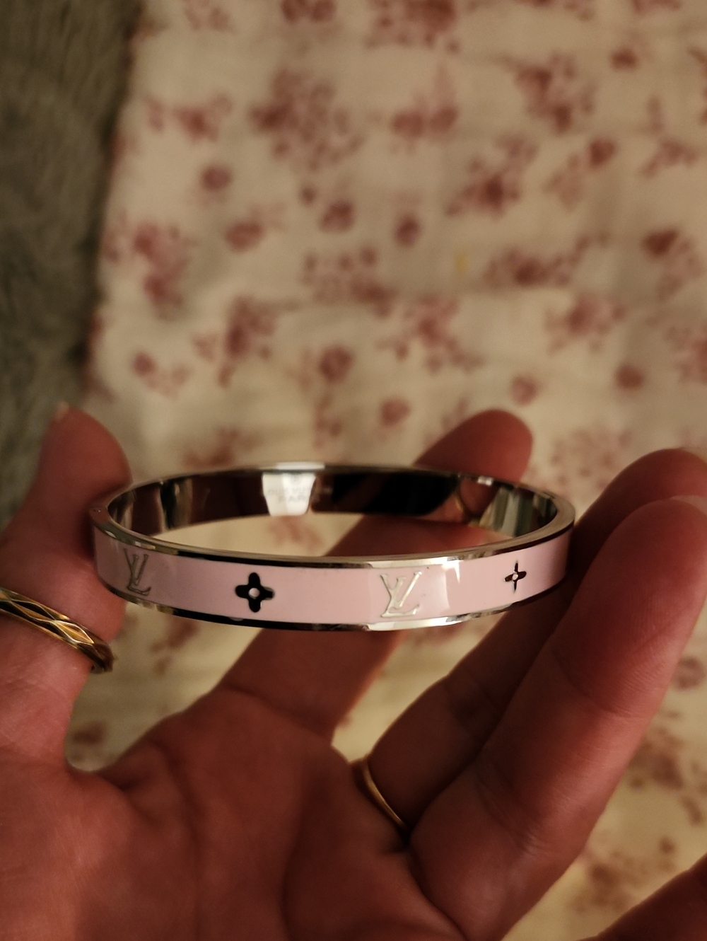 Designer-Inspired Pink Enamel Logo Bangle Bracelet